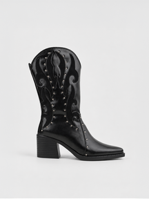 Black studded western mid-calf boot faux leather – side view
