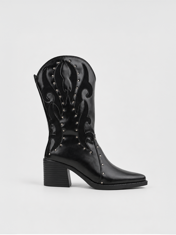 Black studded western mid-calf boot faux leather – side view