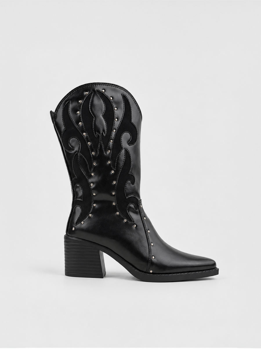 Studded Western Mid-Calf Boot Faux Leather – Black