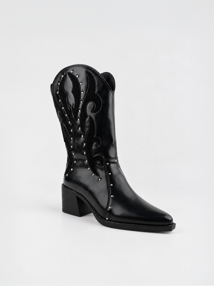 Studded Western Mid-Calf Boot Faux Leather – Black