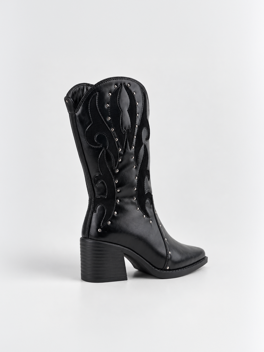 Black studded western mid-calf boot faux leather – back three-quarter view