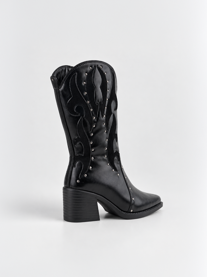 Black studded western mid-calf boot faux leather – back three-quarter view