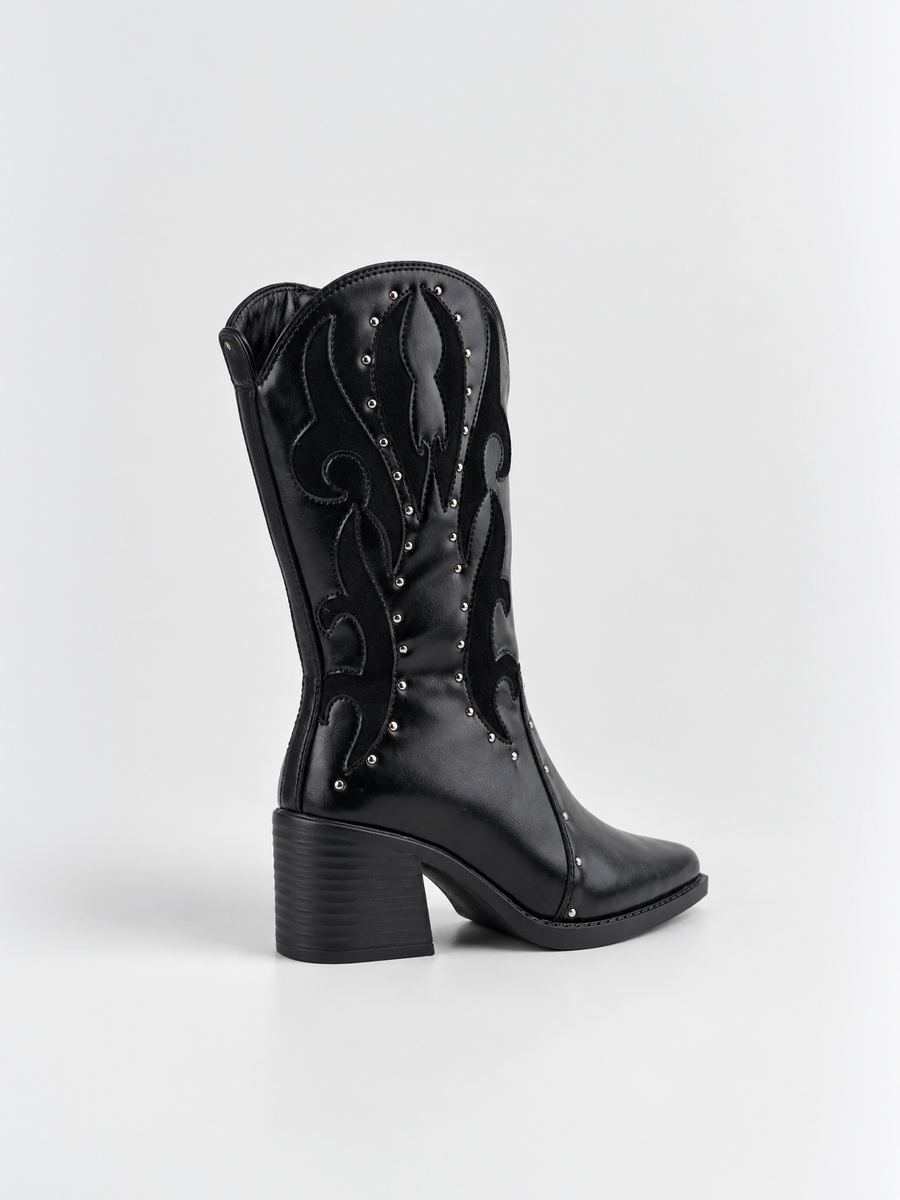 Studded Western Mid-Calf Boot Faux Leather – Black