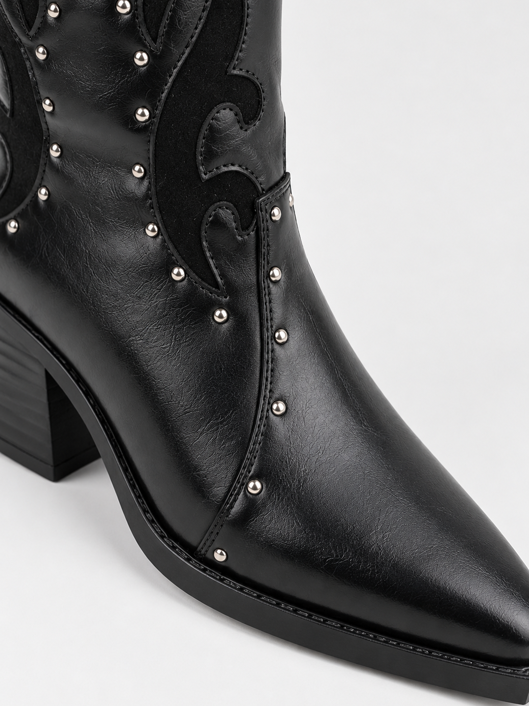 Black studded western mid-calf boot faux leather – studs and pointed toe close-up