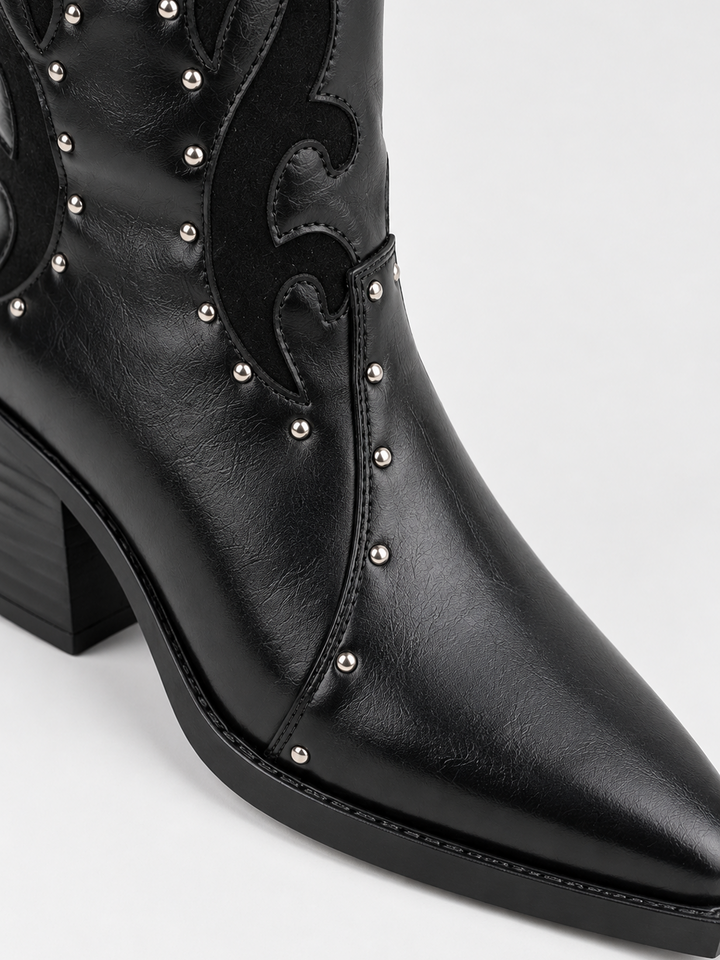 Black studded western mid-calf boot faux leather – studs and pointed toe close-up