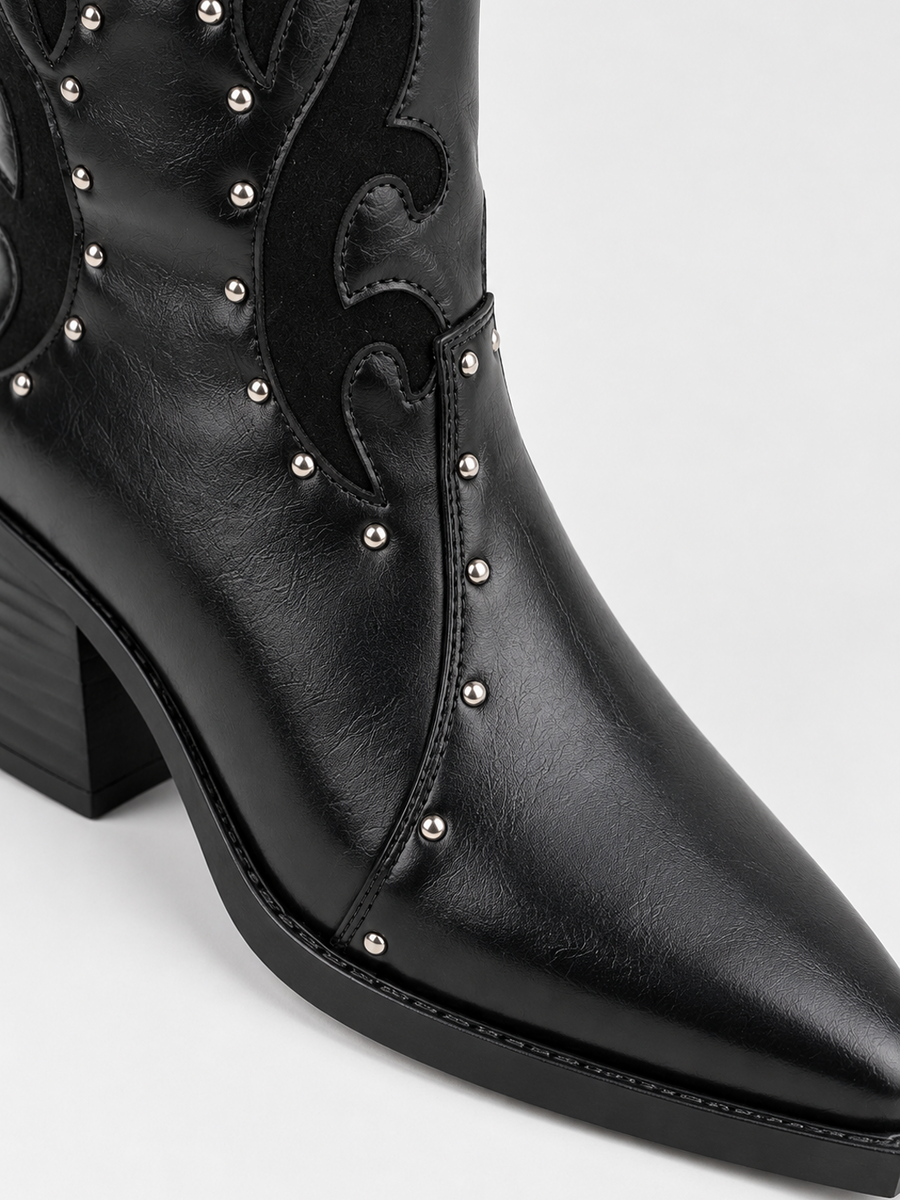 Studded Western Mid-Calf Boot Faux Leather – Black