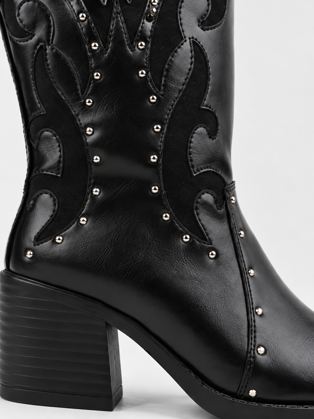 Black studded western mid-calf boot faux leather – flame inlay and heel close-up