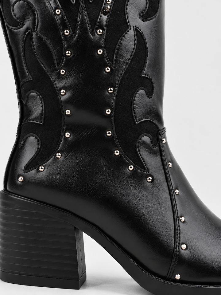 Black studded western mid-calf boot faux leather – flame inlay and heel close-up