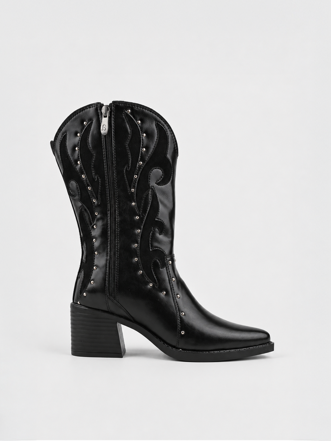 Black studded western mid-calf boot faux leather – inner side view showing the zip