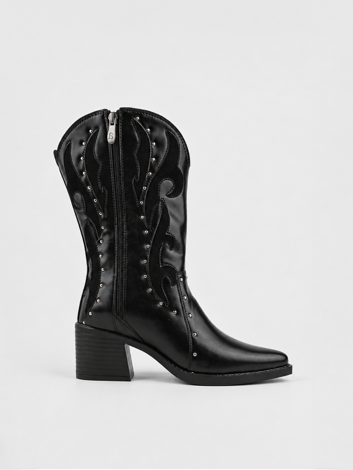 Black studded western mid-calf boot faux leather – inner side view showing the zip