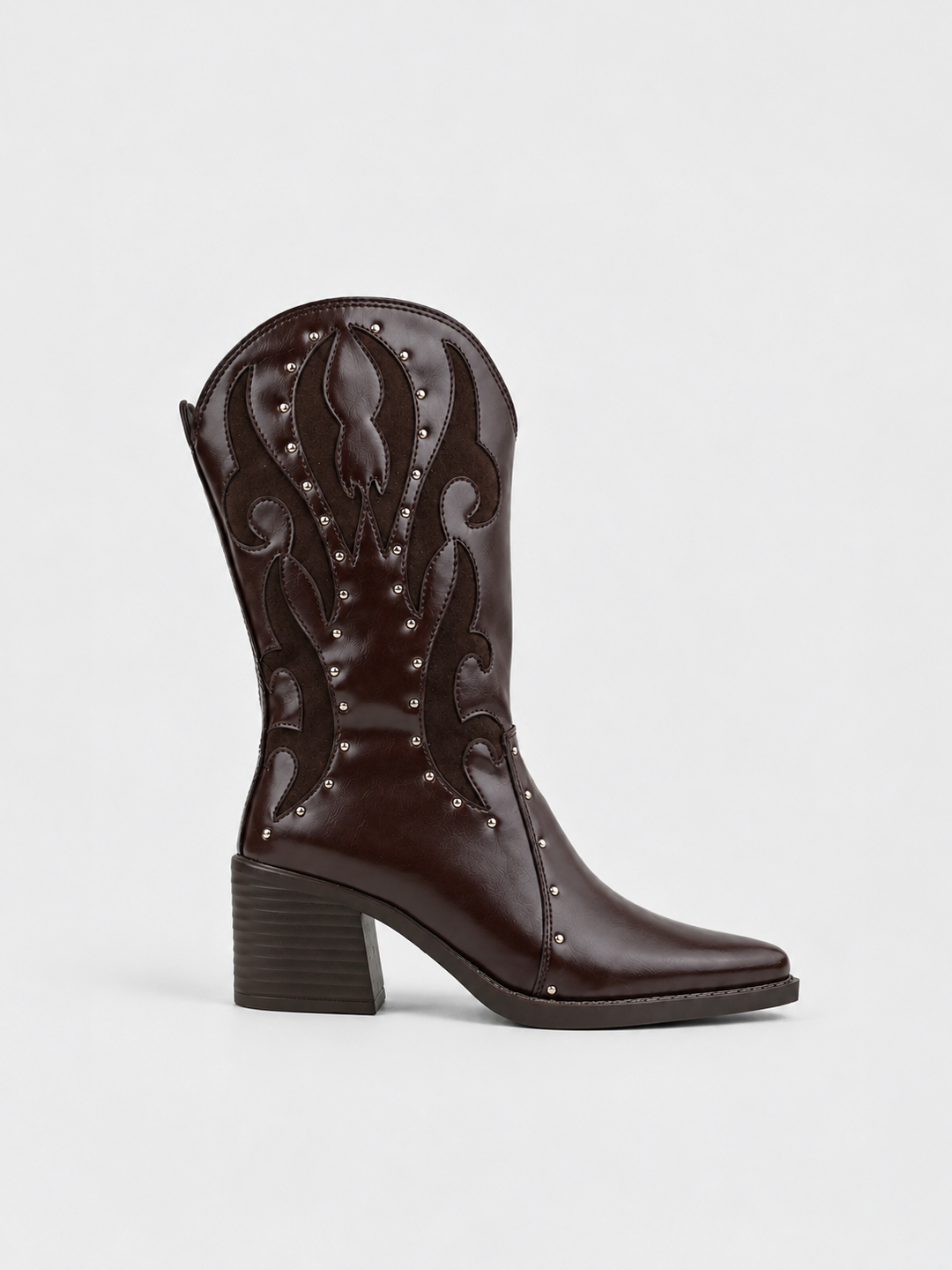 Brown studded western mid-calf boot faux leather – side view