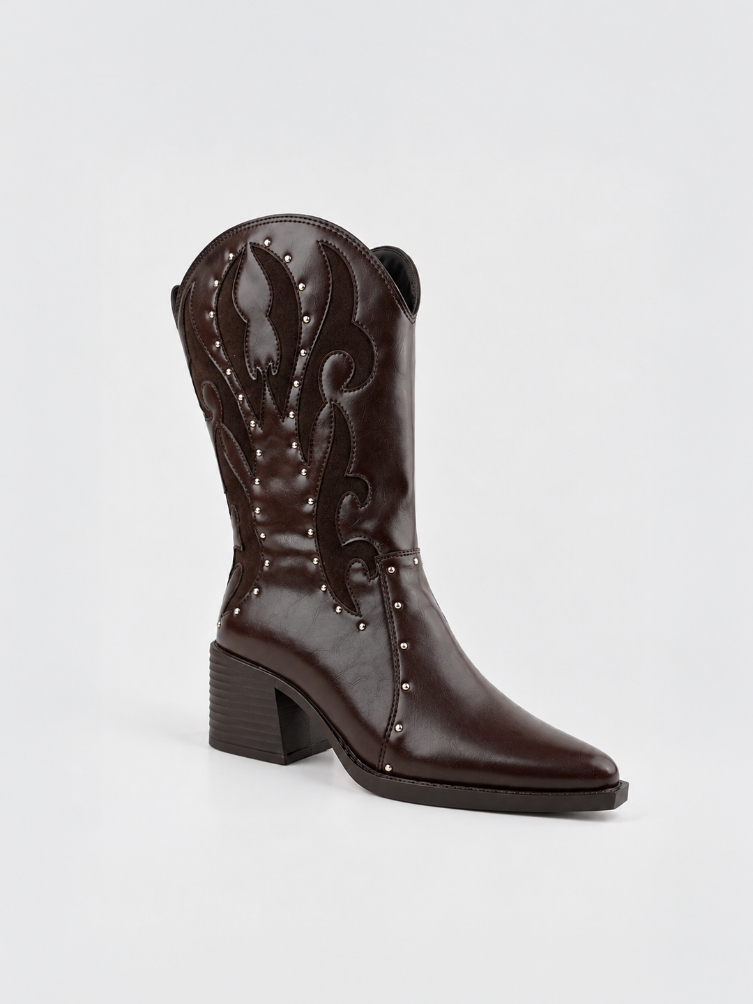 Brown studded western mid-calf boot faux leather – front three-quarter view