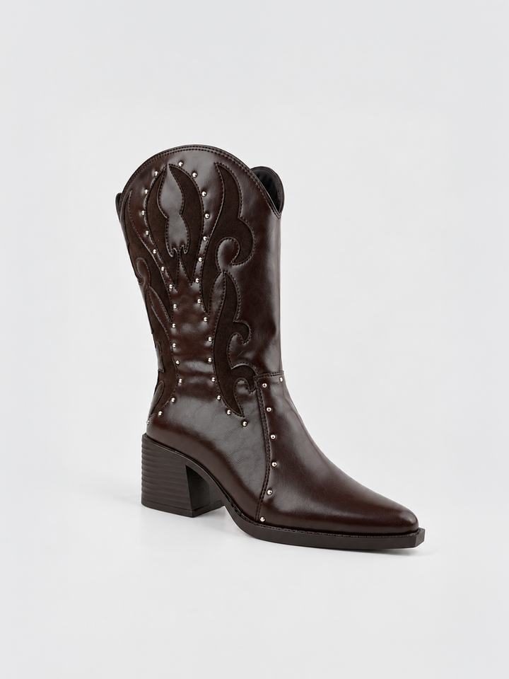 Brown studded western mid-calf boot faux leather – front three-quarter view