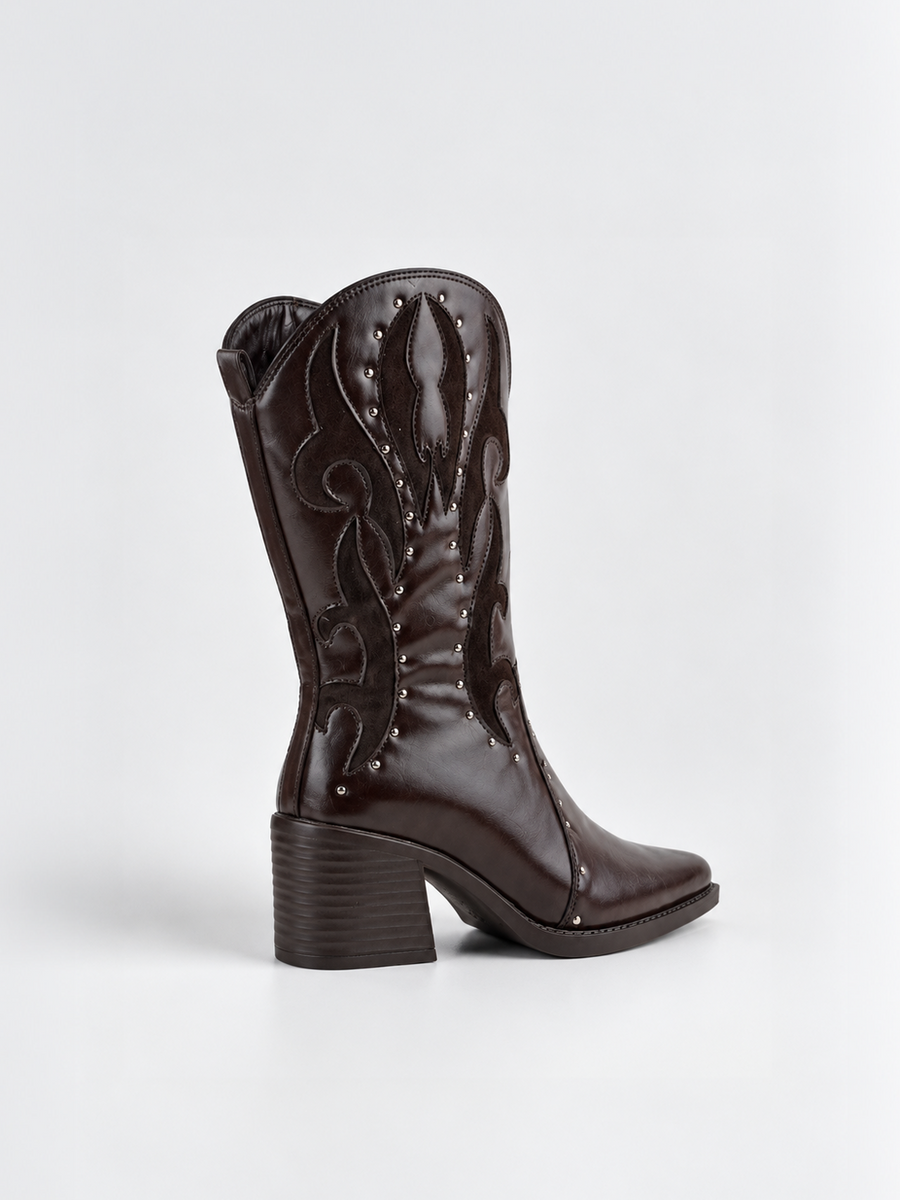 Studded Western Mid-Calf Boot Faux Leather – Brown