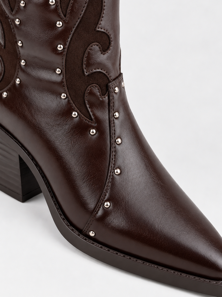 Brown studded western mid-calf boot faux leather – studs and pointed toe close-up