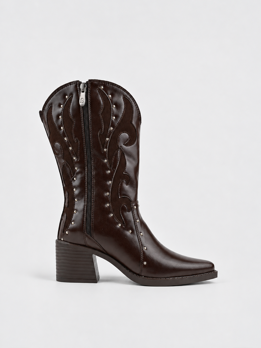 Brown studded western mid-calf boot faux leather – inner side view showing the zip