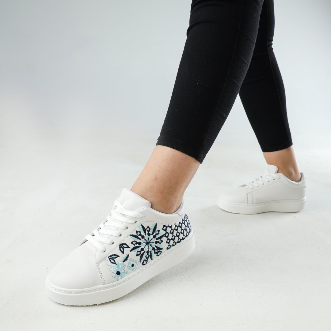 White Scattery Blue Pattern Lace Up Embroidered Sneakers