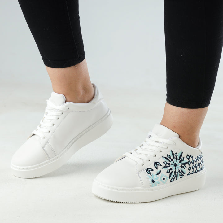 White Scattery Blue Pattern Lace Up Embroidered Sneakers