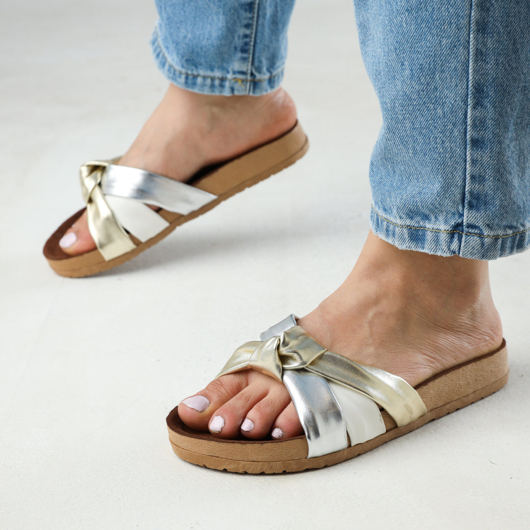 Silver Center Tie Soft Footbed Slippers