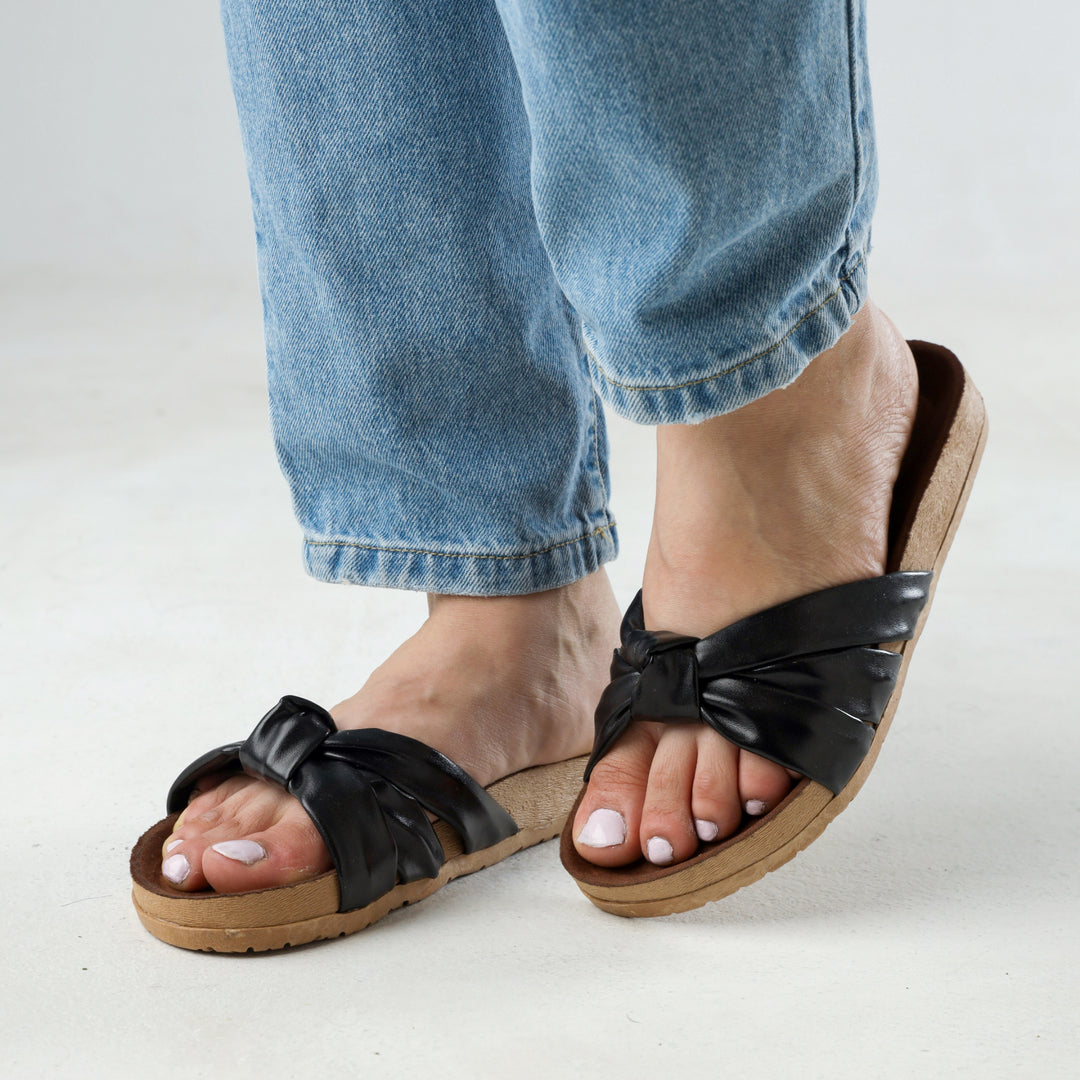 Black Center Tie Soft Footbed Slippers