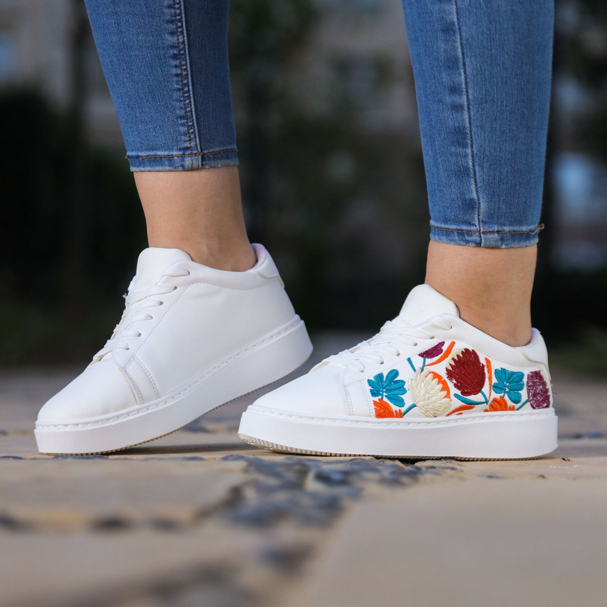 White Flower Petal Lace Up Embroidered Sneakers