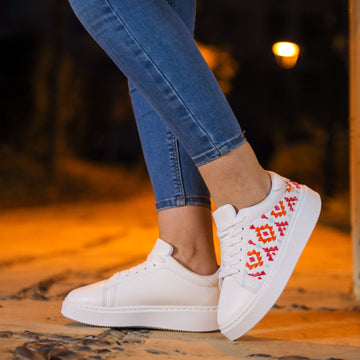 White Pinkish-Orange Pattern Lace Up Embroidered Sneakers
