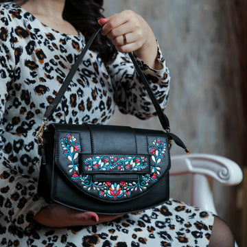 Black Leather Cross Bag With Front Flower Embroidered