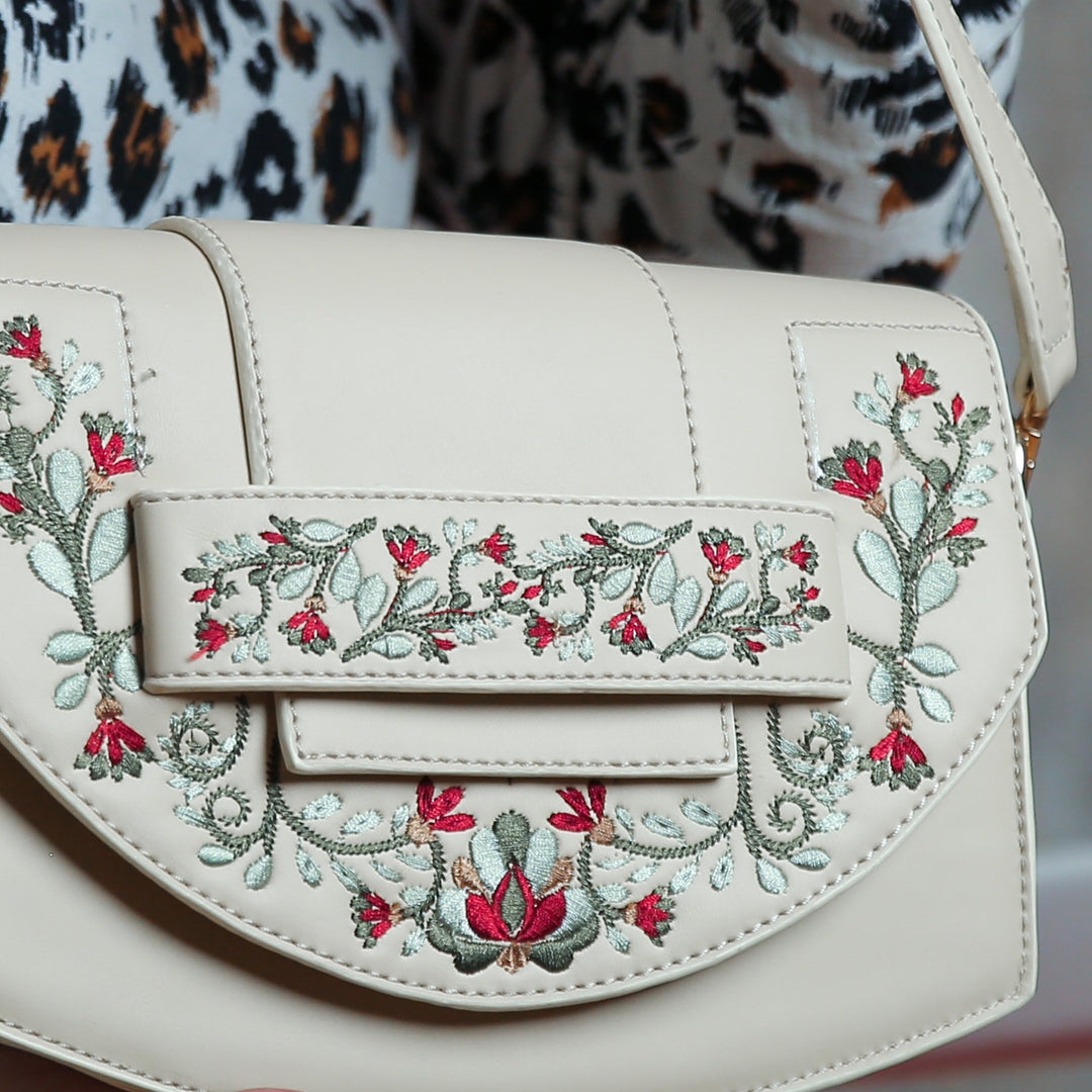 Beige Leather Cross Bag With Front Flower Embroidered