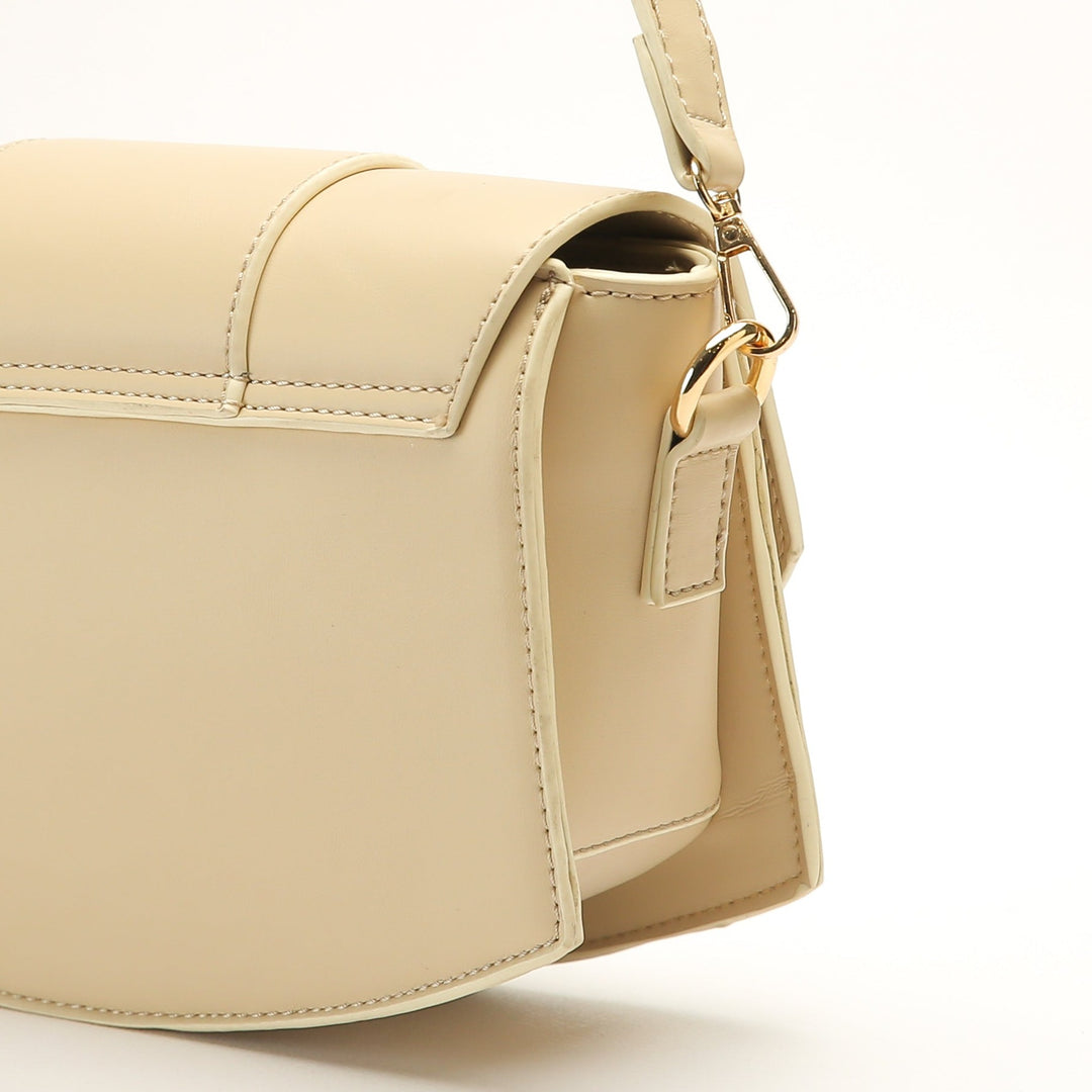 Beige Leather Cross Bag With Front Flower Embroidered