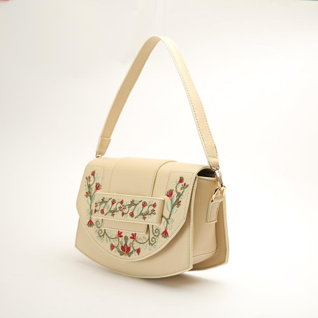 Beige Leather Cross Bag With Front Flower Embroidered