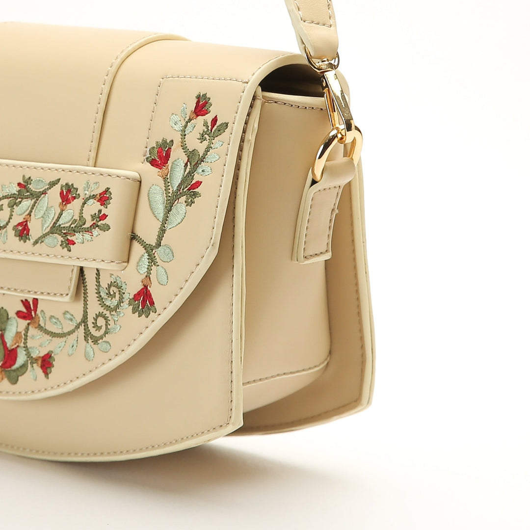 Beige Leather Cross Bag With Front Flower Embroidered