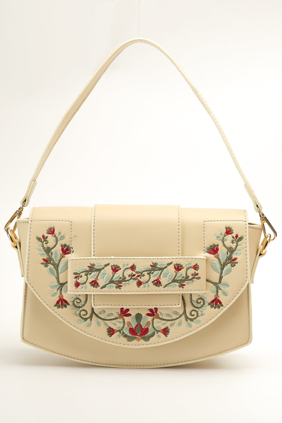 Beige Leather Cross Bag With Front Flower Embroidered