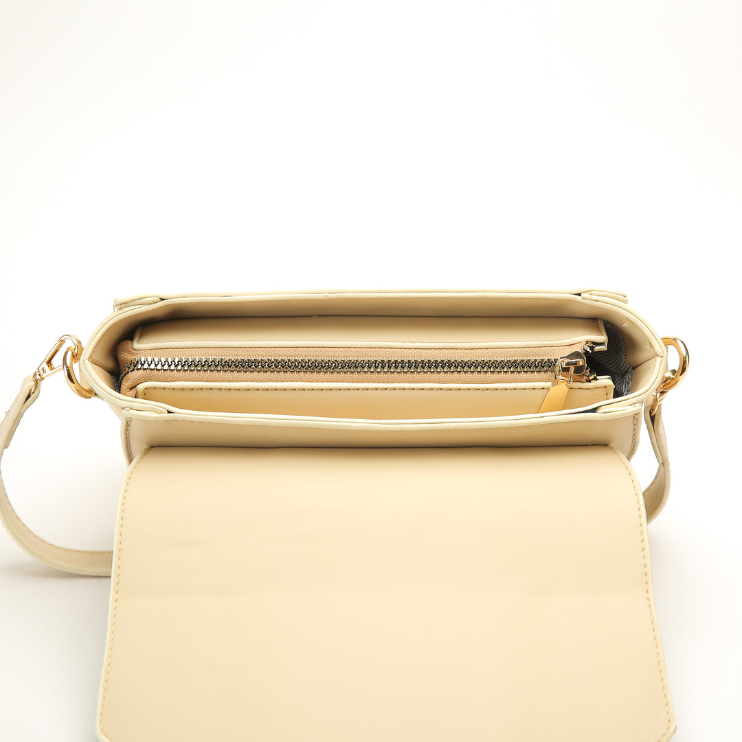 Beige Leather Cross Bag With Front Flower Embroidered