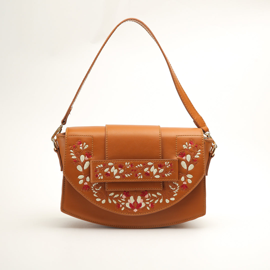 Havan Leather Cross Bag With Front Flower Embroidered