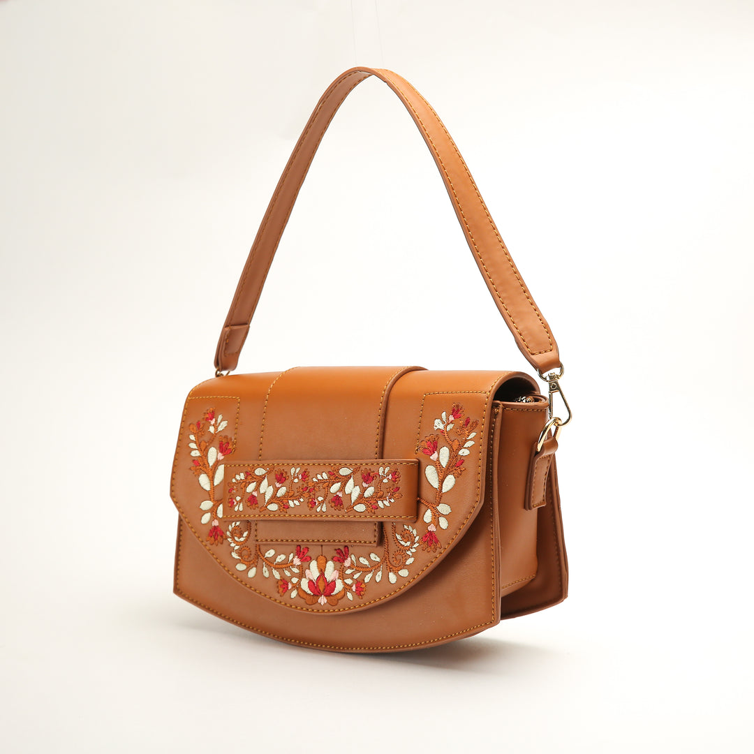 Havan Leather Cross Bag With Front Flower Embroidered