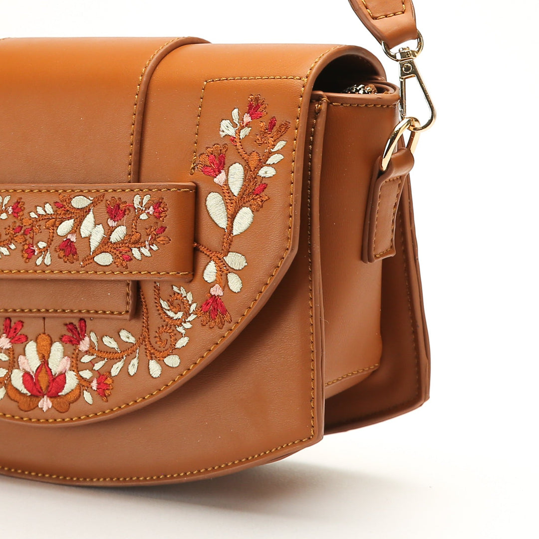 Havan Leather Cross Bag With Front Flower Embroidered