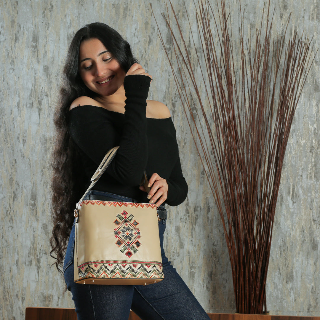 Beige Embroidered Tote Leather Bag