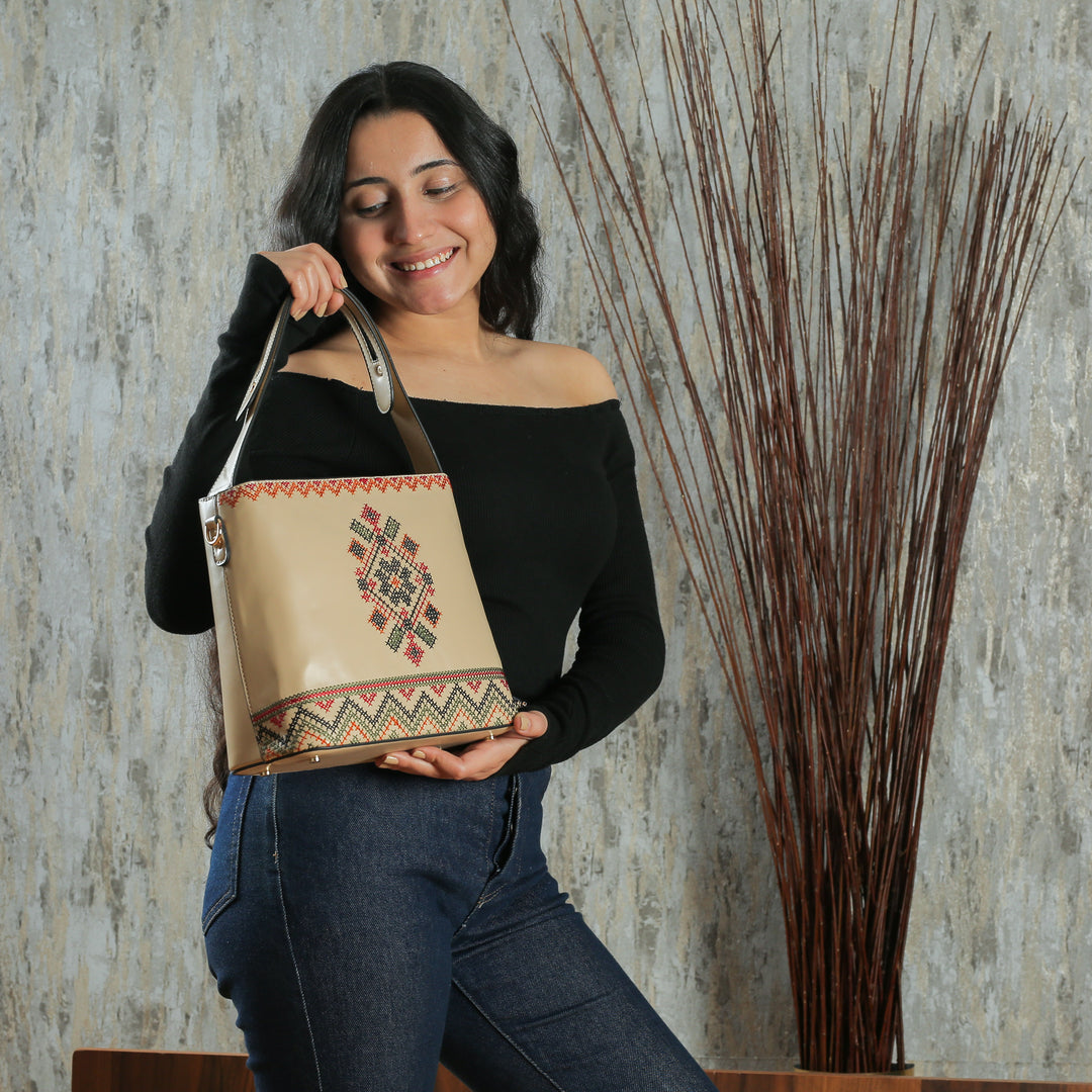 Beige Embroidered Tote Leather Bag