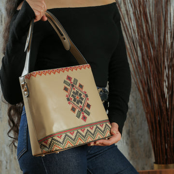 Beige Embroidered Tote Leather Bag