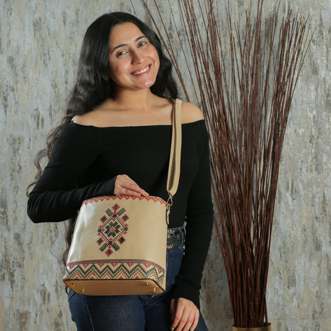 Beige Embroidered Tote Leather Bag