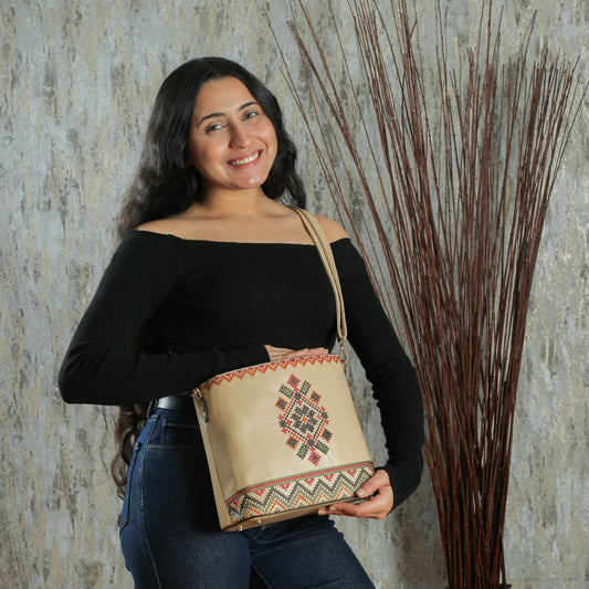 Beige Embroidered Tote Leather Bag