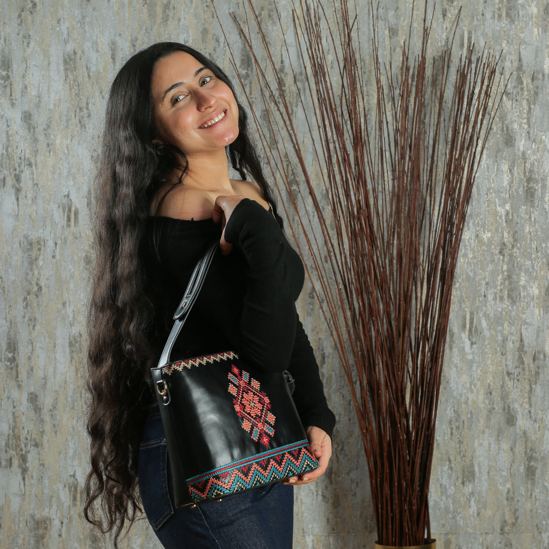 Black Embroidered Tote Leather Bag