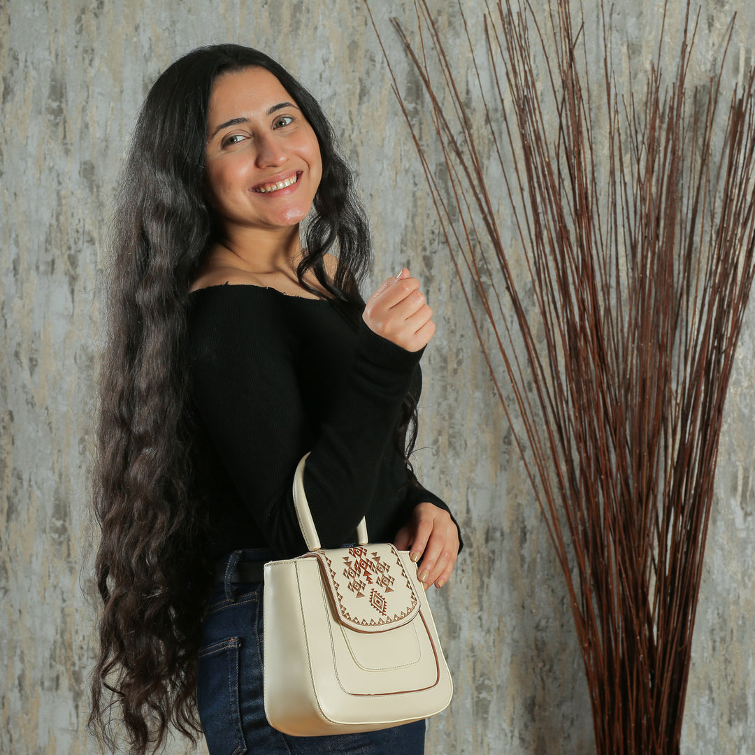 Beige Leather bag with Geometric shapes