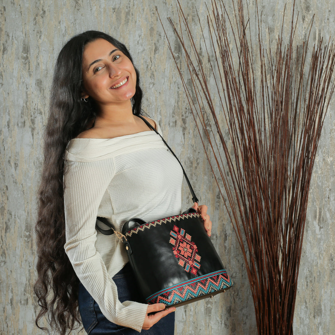 Black Embroidered Tote Leather Bag