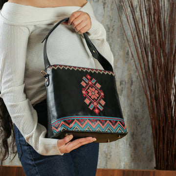 Black Embroidered Tote Leather Bag