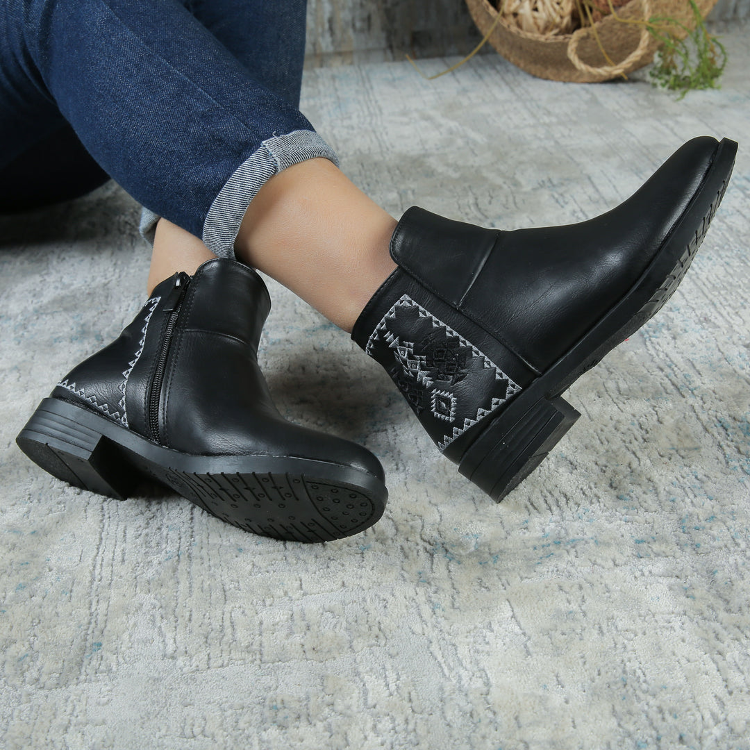 Black Back Embroidered Zipper Ankle Boots