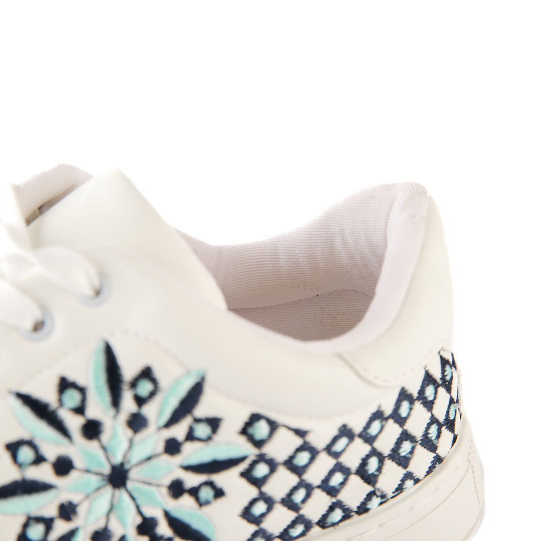 White Scattery Blue Pattern Lace Up Embroidered Sneakers