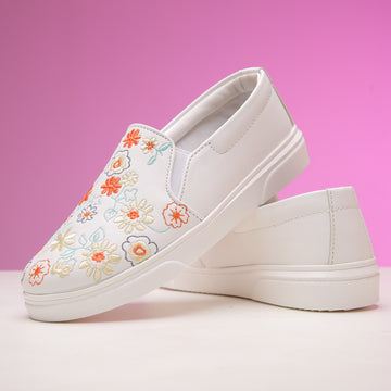 White Spring Slip On Embroidered Sneakers