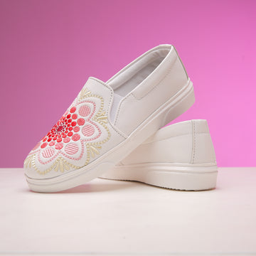 White Mandala Slip On Embroidered Sneakers