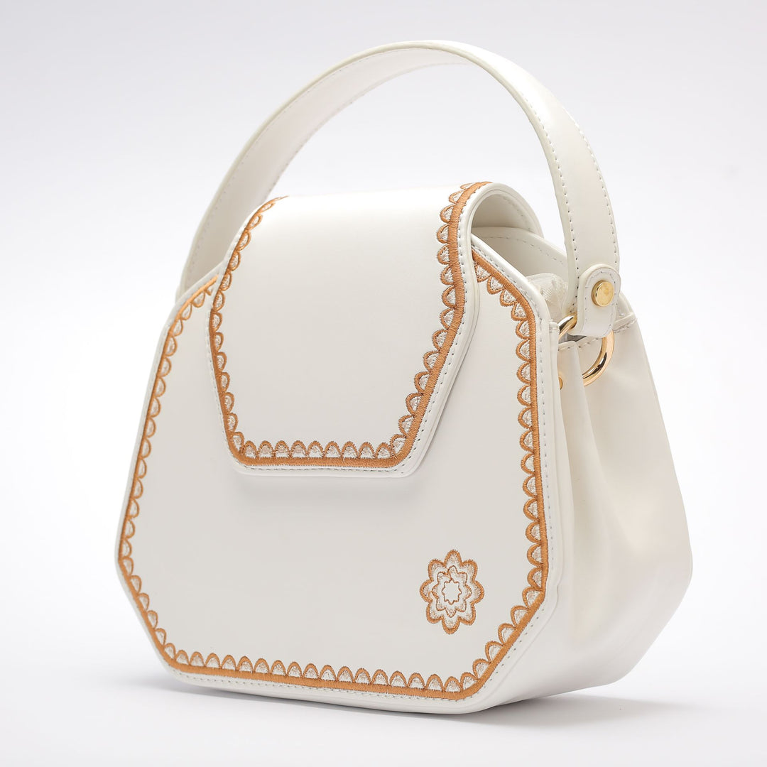 White Frame Embroidered Cross Leather Bag